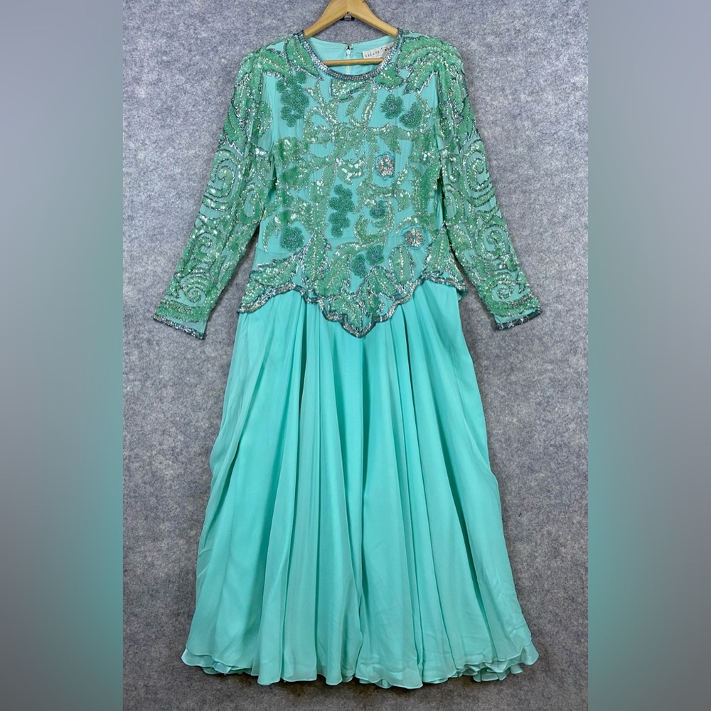 Lillie Rubin Vintage‎ Heavy Beaded Dress 12 Green Maxi A-line Formal Evening